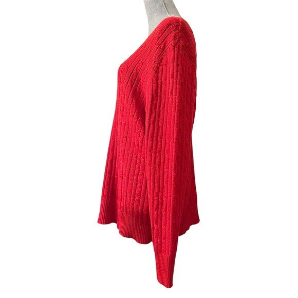 Red V-Neck Cable Knit Women's Sweater - Picture 2 of 10